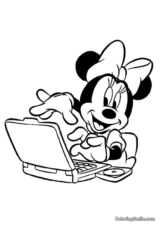 Minnie com um laptop - Página para Colorir