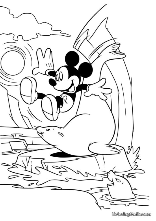 Mickey Mouse montando uma foca - Página para Colorir