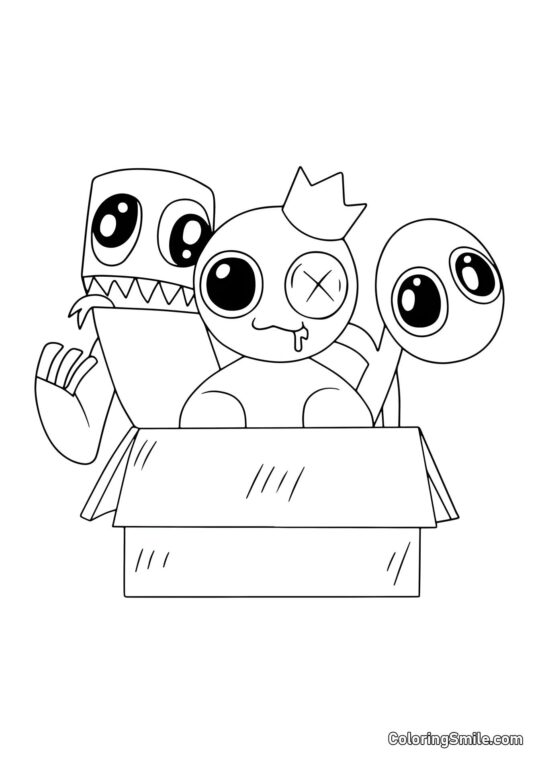 Bleu, Vert et Violet assis dans une boîte - Page de Coloriage