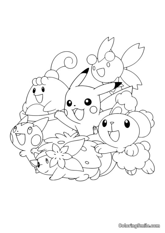 Pikachu mit einer Gruppe Pokémon - Ausmalbild