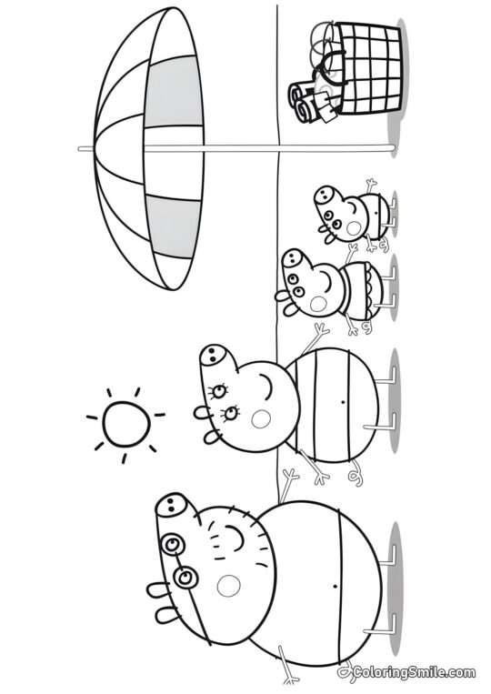 Kolorowanki Peppa Pig Peppa z Rodziną na Plaży - Kolorowanka