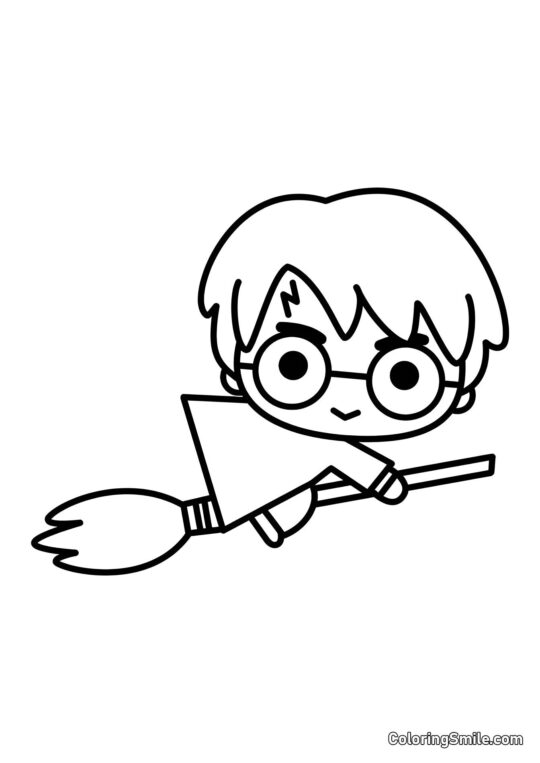 Harry Potter para crianças pequenas em uma vassoura - Página para Colorir