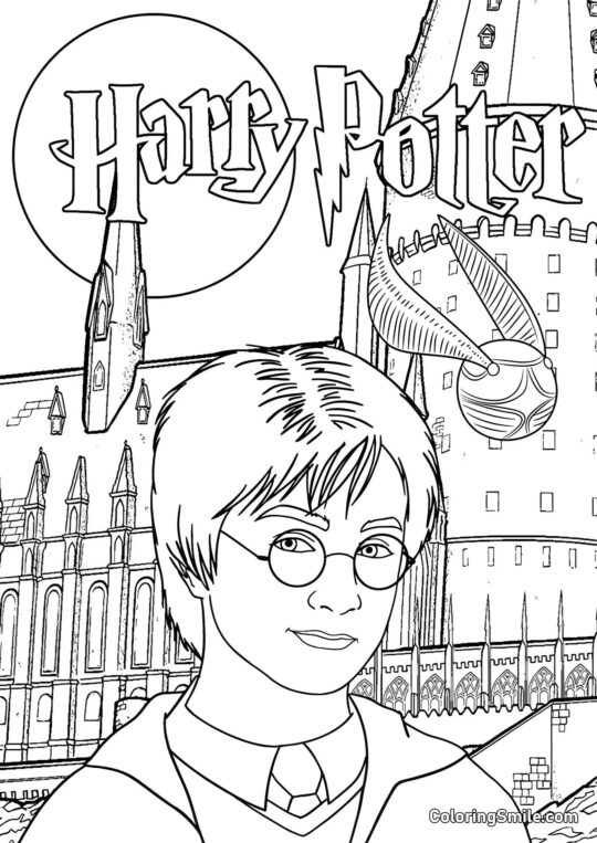 Harry Potter contra o fundo do castelo - Página para Colorir