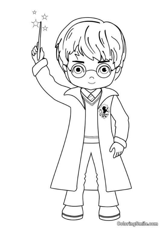Harry Potter de desenho animado com uma varinha mágica - Página para Colorir