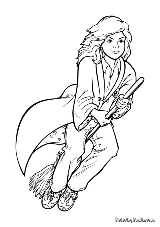Hermione de desenho animado em uma vassoura - Página para Colorir