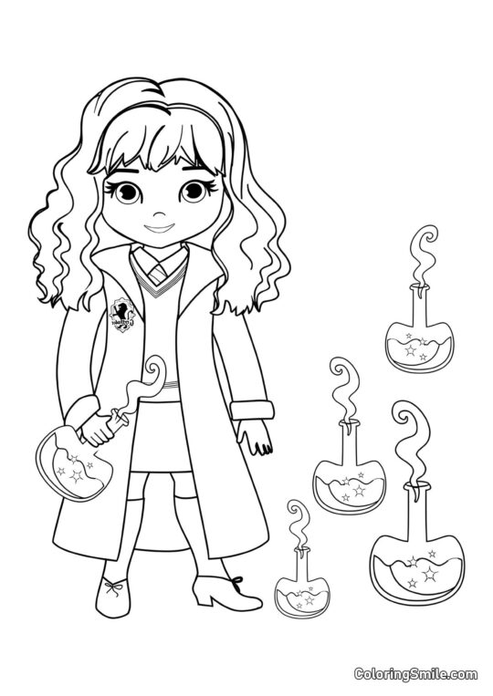 Hermione de desenho animado com poções mágicas - Página para Colorir