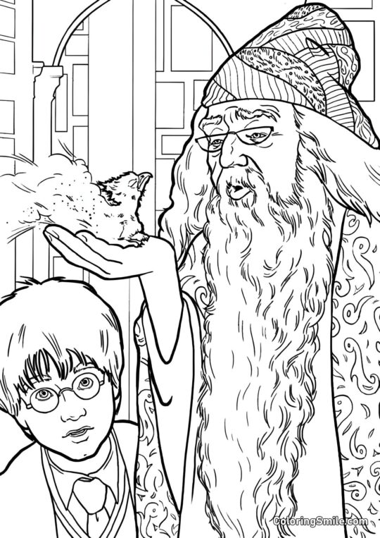 Dumbledore mostrando a Harry a Fênix - Página para Colorir