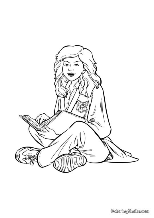 Hermione Granger de desenho animado lendo um livro - Página para Colorir