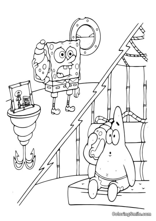 SpongeBob and Patrick greeting Squidward - Coloring Page