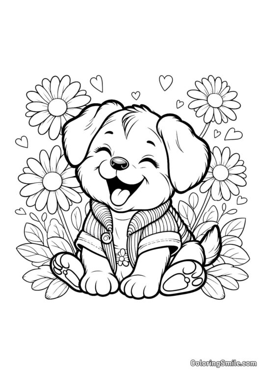 Dog and Puppy Coloring Pages Puppy laughing among daisies - Coloring Page
