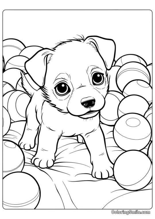Dog and Puppy Coloring Pages Cute puppy with balls - Coloring Page