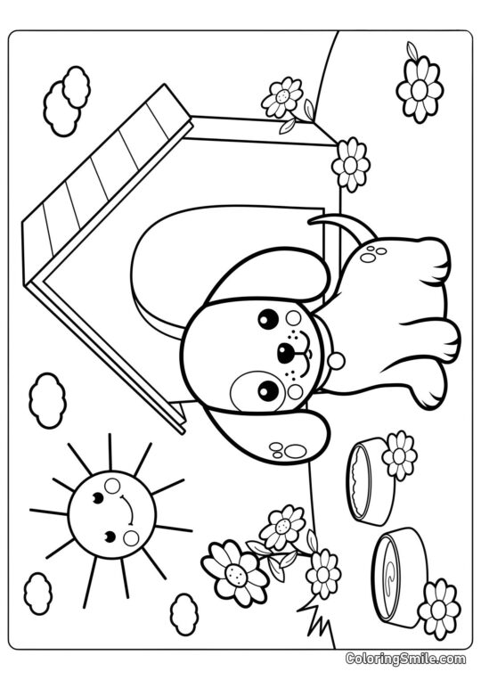 Dog and Puppy Coloring Pages Puppy near the kennel for kids - Coloring Page