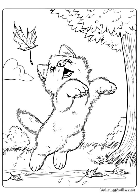 Dog and Puppy Coloring Pages Puppy jumping after an autumn leaf - Coloring Page