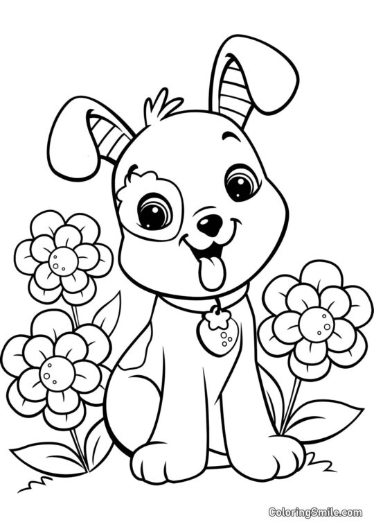 Dog and Puppy Coloring Pages Cute puppy in flowers - Coloring Page