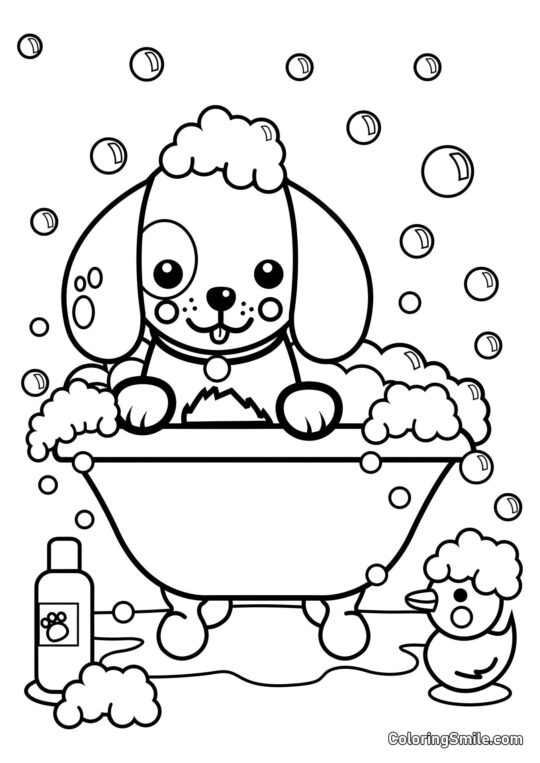 Dog and Puppy Coloring Pages Dog in a frothy bath - Coloring Page