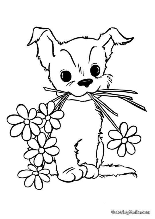 Dog and Puppy Coloring Pages Dog and flowers - Coloring Page