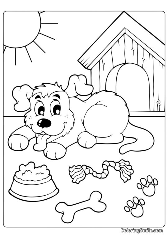 Dog and Puppy Coloring Pages Dog with a bone near the kennel - Coloring Page