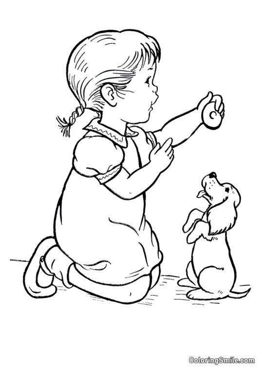Dog and Puppy Coloring Pages Girl treats her dog - Coloring Page