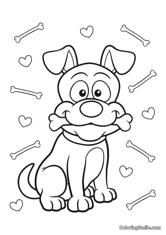 Dog and Puppy Coloring Pages Cute dog with a bone - Coloring Page