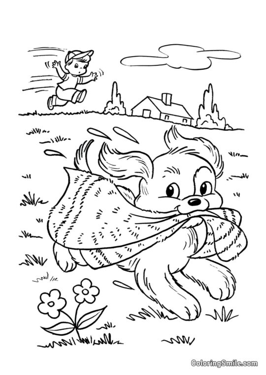 Dog and Puppy Coloring Pages Dog grabbed a towel - Coloring Page