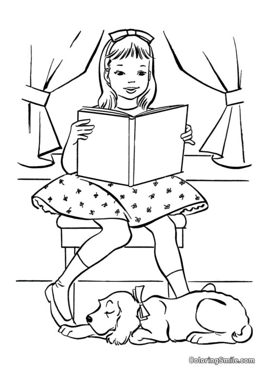 Dog and Puppy Coloring Pages Dog sleeping while girl reads a book - Coloring Page