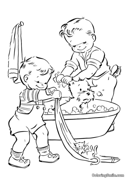 Dog and Puppy Coloring Pages Bath day for cat and dog - Coloring Page