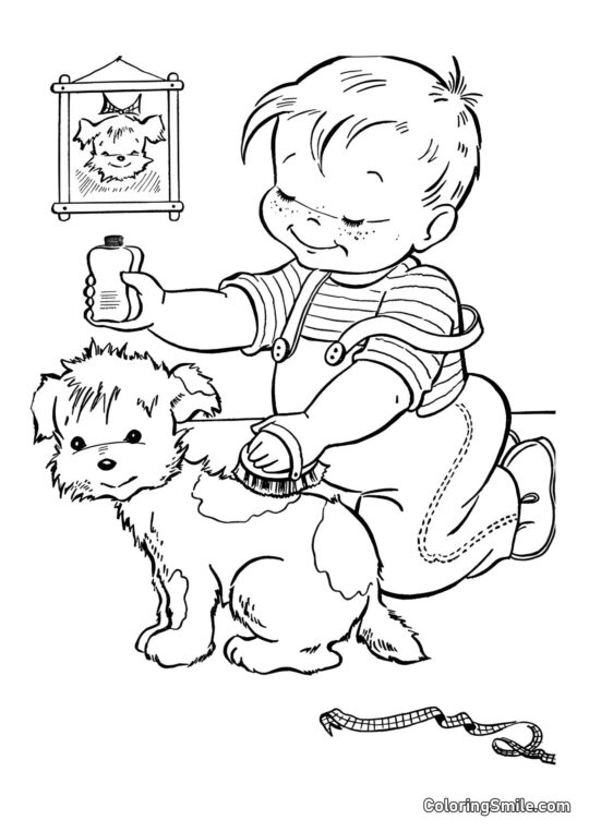 Dog and Puppy Coloring Pages Dog getting its fur combed - Coloring Page