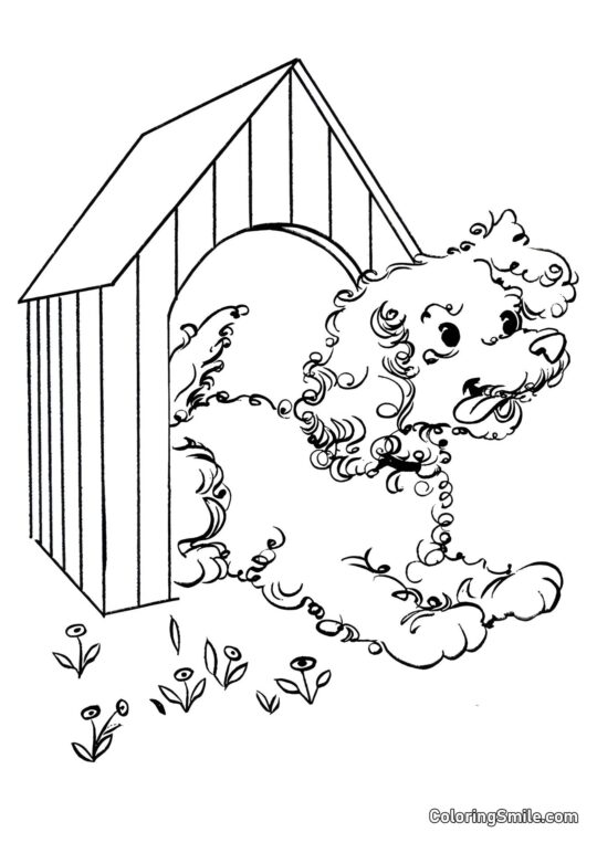 Dog and Puppy Coloring Pages Dog peeking out of the kennel - Coloring Page