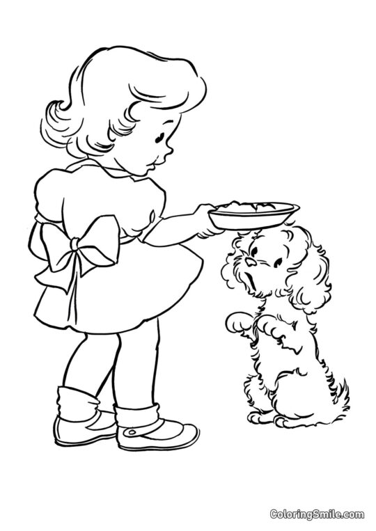 Dog and Puppy Coloring Pages Girl feeding the dog - Coloring Page