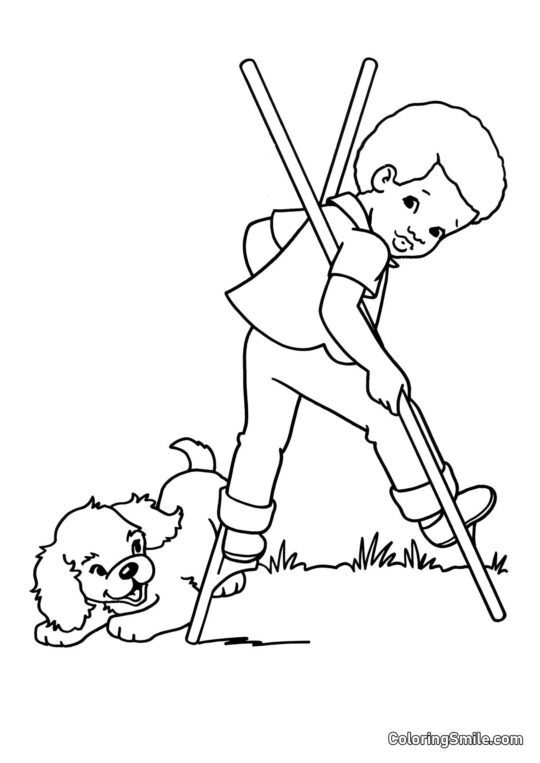 Dog and Puppy Coloring Pages Dog and boy on stilts - Coloring Page