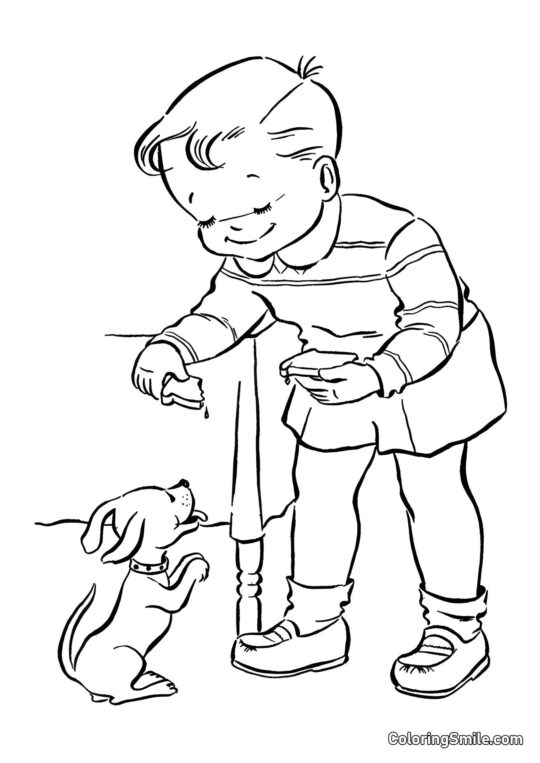 Dog and Puppy Coloring Pages Child gifted a puppy - Coloring Page