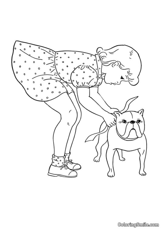 Dog and Puppy Coloring Pages Girl and bulldog - Coloring Page