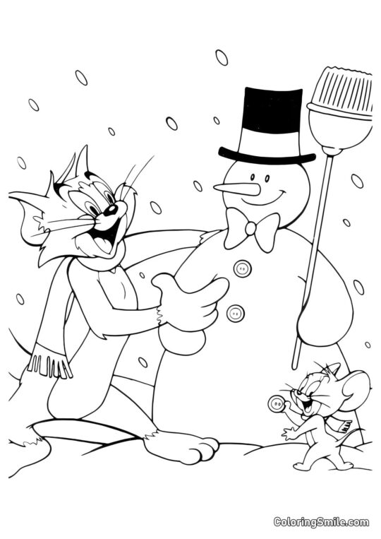 Desenhos do Tom e Jerry para Colorir Tom e Jerry Construíram um Boneco de Neve - Página para Colorir