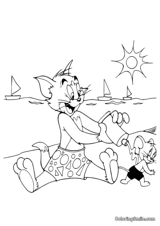 Desenhos do Tom e Jerry para Colorir Tom Passando Protetor Solar em Jerry - Página para Colorir