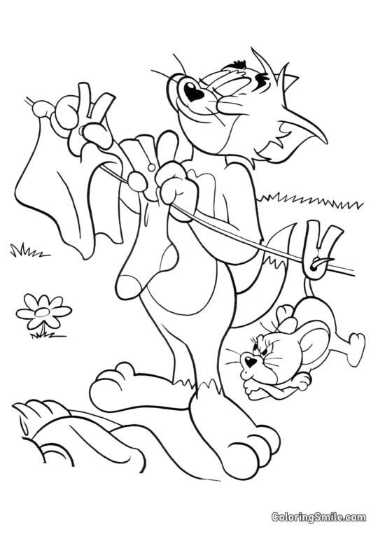 Desenhos do Tom e Jerry para Colorir Tom Pendurando Roupa - Página para Colorir