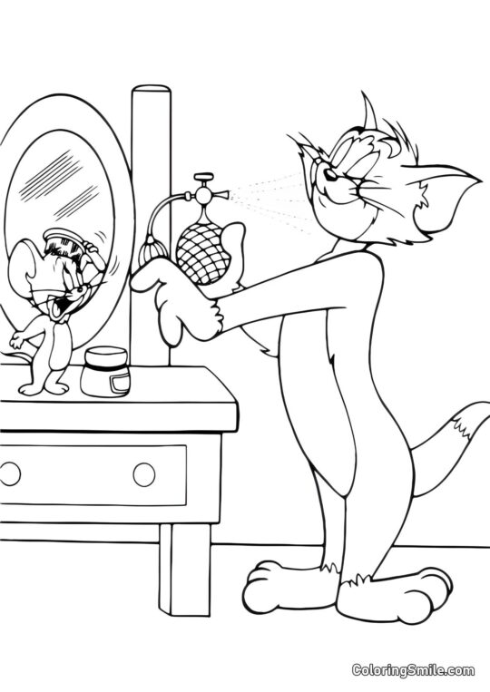 Desenhos do Tom e Jerry para Colorir Tom e Jerry se Arrumando na Frente do Espelho - Página para Colorir