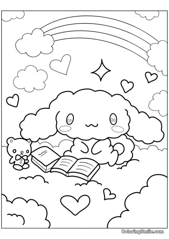 Disegni di Cinnamoroll da Colorare Cinnamoroll Peluche con un Libro - Pagina da Colorare