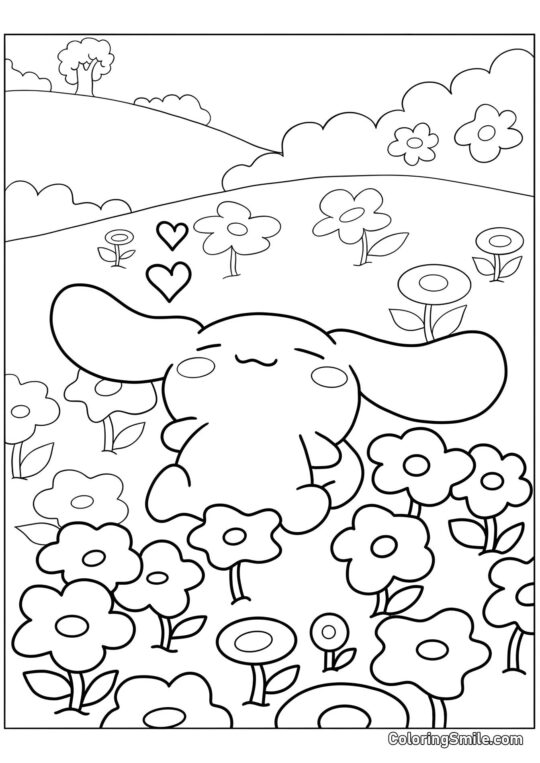 Disegni di Cinnamoroll da Colorare Cinnamoroll e Fiori - Pagina da Colorare