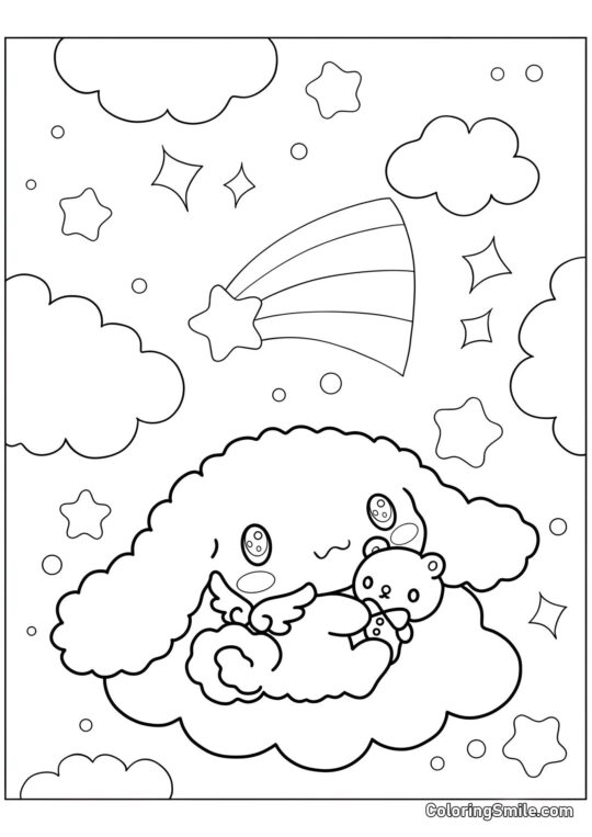 Disegni di Cinnamoroll da Colorare Cinnamoroll con Ali nel Cielo - Pagina da Colorare