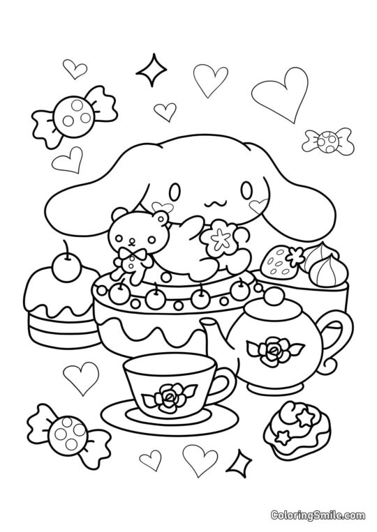 Disegni di Cinnamoroll da Colorare Cinnamoroll su una Torta - Pagina da Colorare