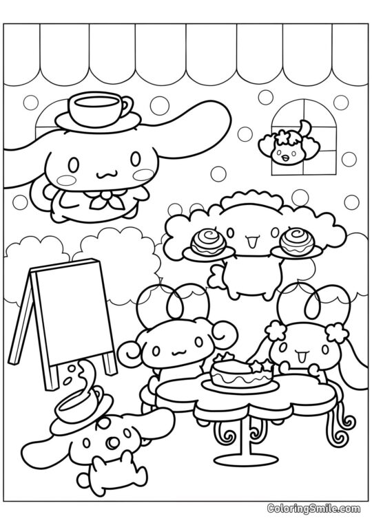 Disegni di Cinnamoroll da Colorare Cinnamoroll in un Caffè - Pagina da Colorare