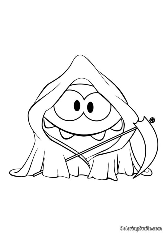 Om Nom med en Kost på Halloween - Farvelægningsside