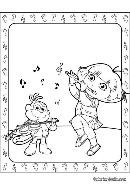 Dora mit einer Flöte, Boots mit einer Geige - Ausmalbild