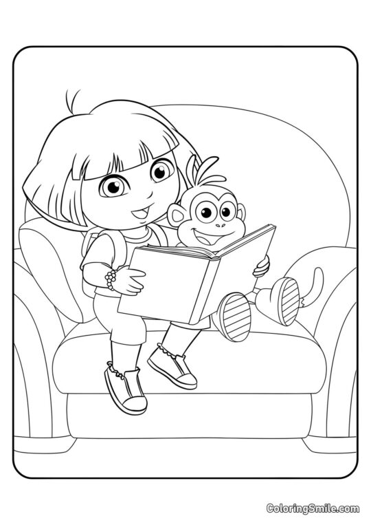 Dora liest ein Buch über Alice - Ausmalbild