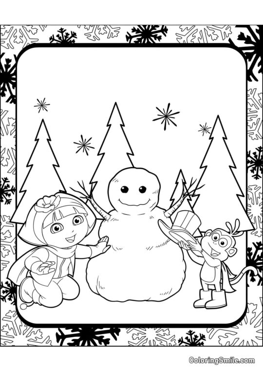 Dora und Boots bauen einen Schneemann - Ausmalbild