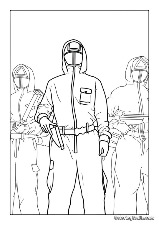 Disegni di Squid Game da colorare Tre Guardie di Squid Game - Pagina da Colorare