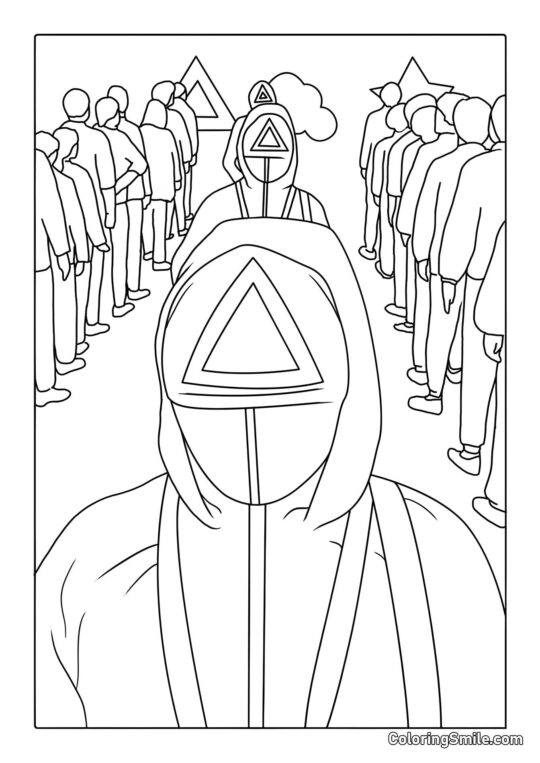 Disegni di Squid Game da colorare Giocatori e Guardie di Squid Game - Pagina da Colorare