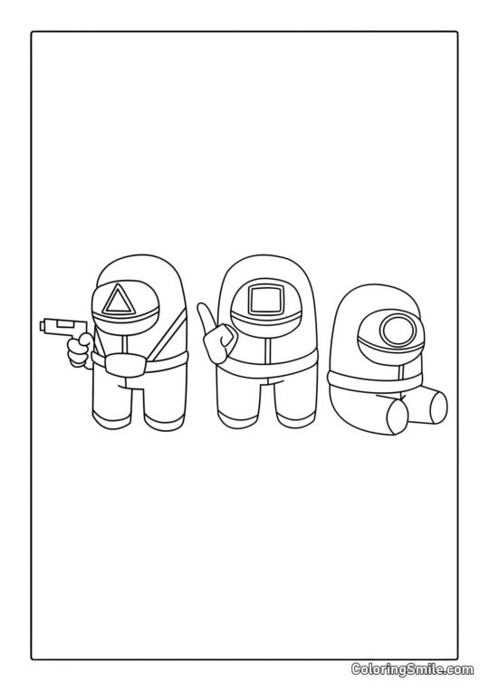 Disegni di Squid Game da colorare Guardie di Squid Game in stile Among Us - Pagina da Colorare