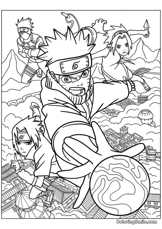 Dibujos de Naruto para colorear Naruto, Sasuke, Sakura y Kakashi en Batalla - Página para Colorear