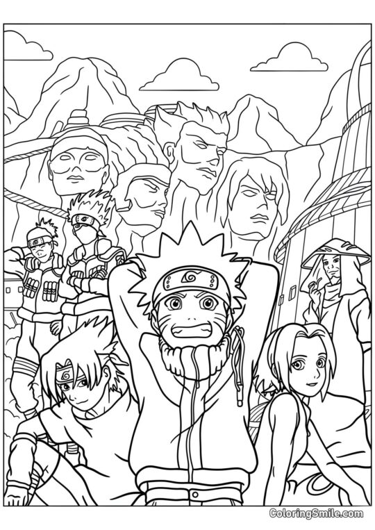 Dibujos de Naruto para colorear Séptimo Equipo con Kakashi, Iruka y Tercer Hokage - Página para Colorear